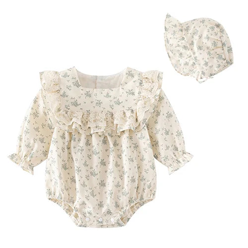 Baby Girl Romper Set Long Sleeve Cotton Korean Style Outfit with Hat 0-24M