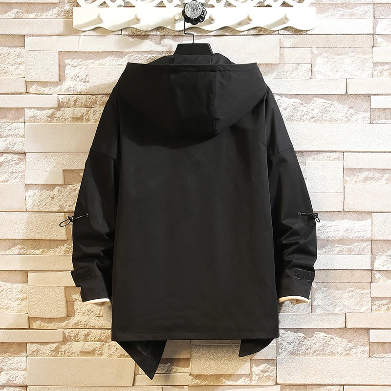 Men’s Korea Fashion Oversized Hooded Jacket 2023 – Black Patchwork Streetwear Coat