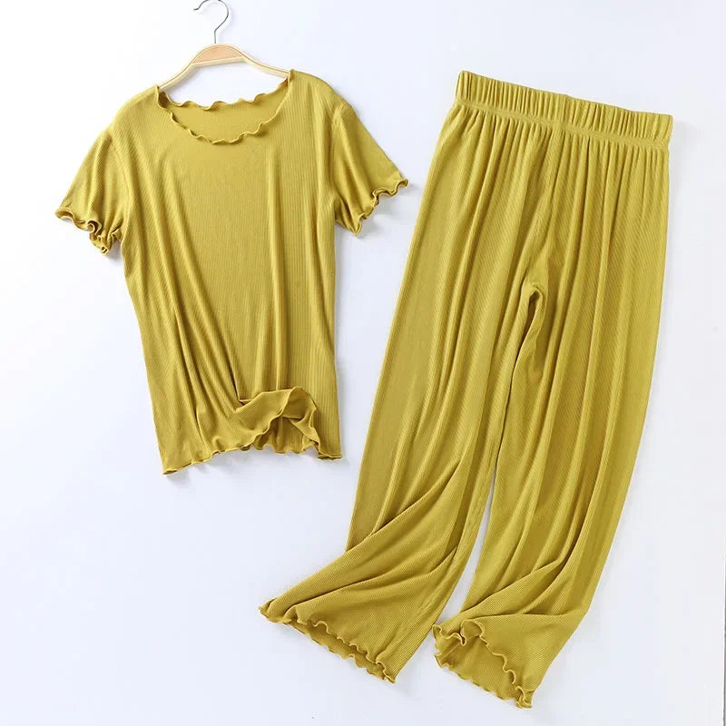 Japanese Summer Cotton Modal Pajama Set for Women | Short Sleeve Nine Point Pants | Large Size Home Sleepwear Suit
