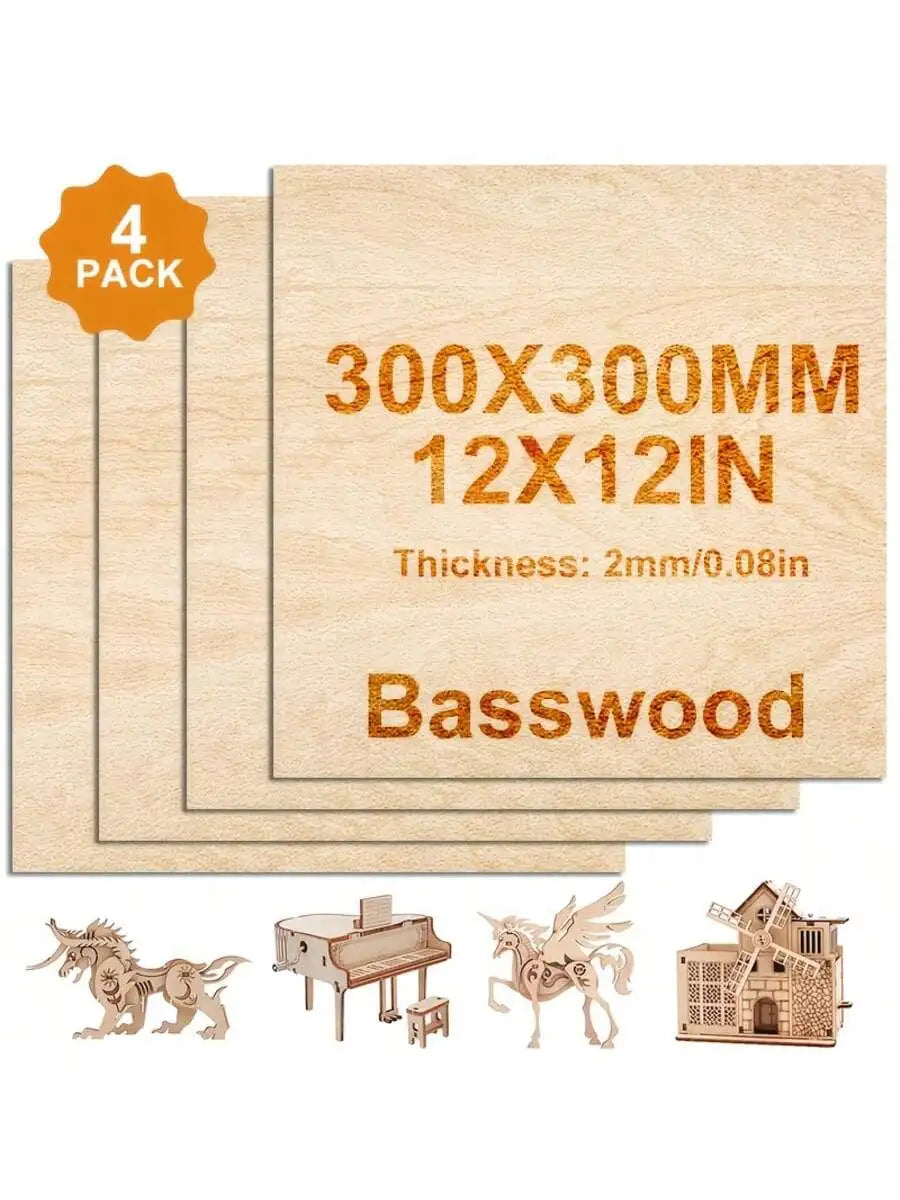 Unfinished Basswood Plywood – 4/8/16/32 Pieces, 12×12 Inch, 2mm Thick for DIY Crafts, Laser Engraving & Wood Burning