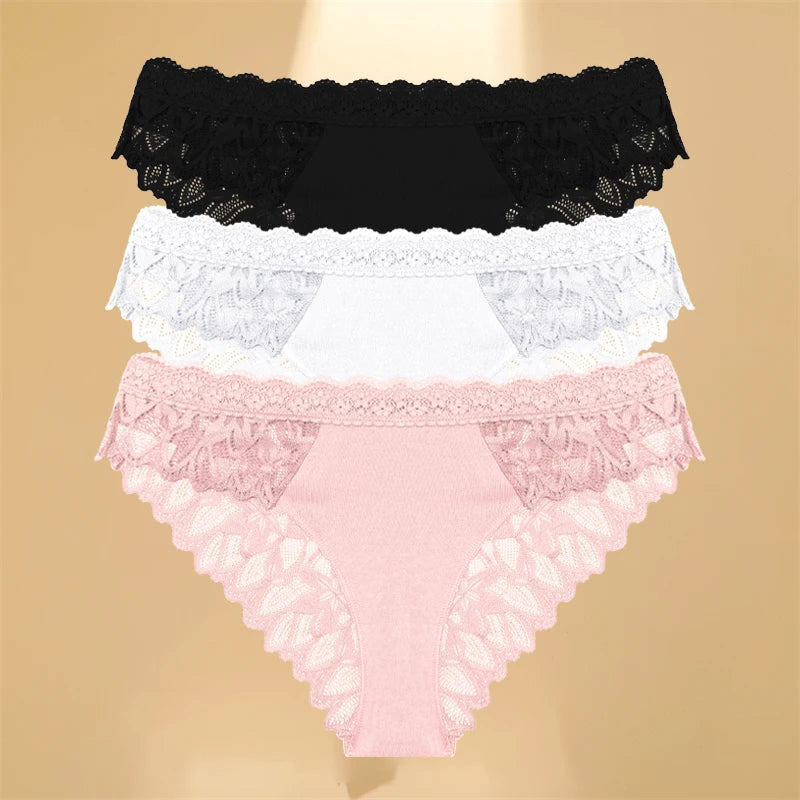 FINETOO 3PCS Women's Lace Hollow Out Low Waist Floral Panties Sexy Invisible Breathable Lingerie