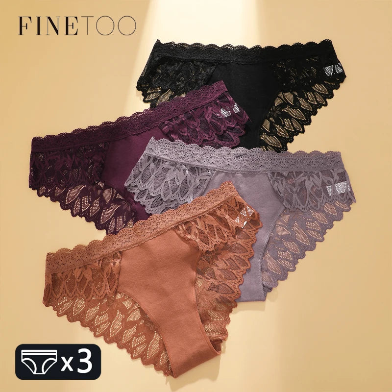 FINETOO 3PCS Women's Lace Hollow Out Low Waist Floral Panties Sexy Invisible Breathable Lingerie