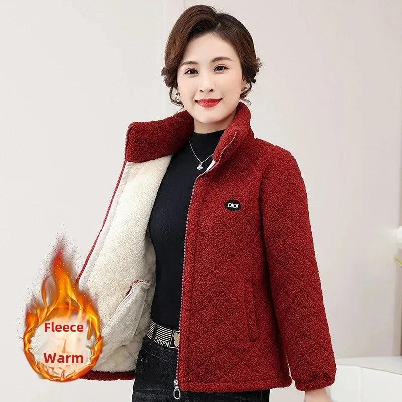 Middle-Aged & Elderly Women's Fleece-Lined Wool Sweatshirt Stand Collar Cardigan Winter Jacket