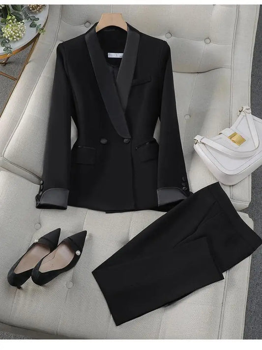 Autumn Women’s Patchwork Blazer Suit – Double Breasted Coat & High Waist Pant Set