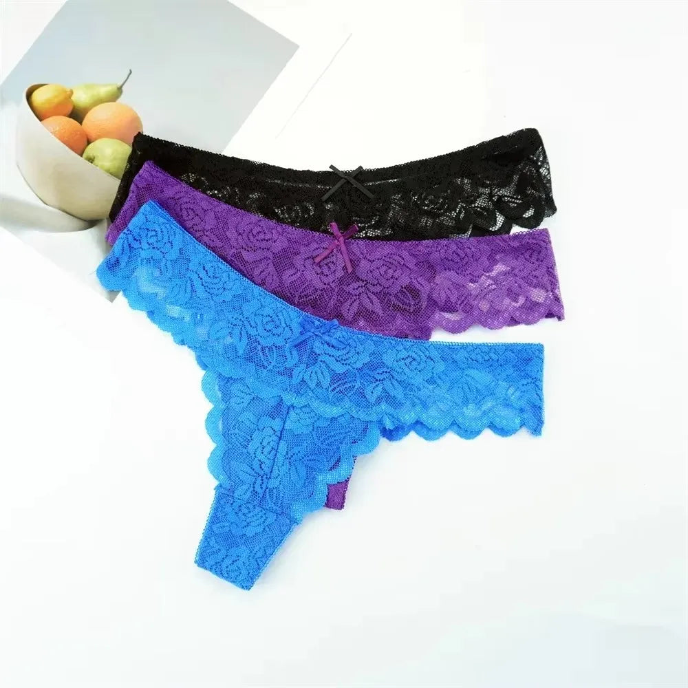 3PCS Ladies Sexy Low Waist Lace Thongs – Transparent G-String Panties, Soft Comfortable Underwear