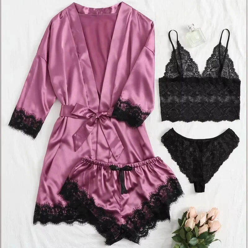 Women's Sexy Lace Trim Faux Silk Satin Pajama Set – Comfortable Loungewear