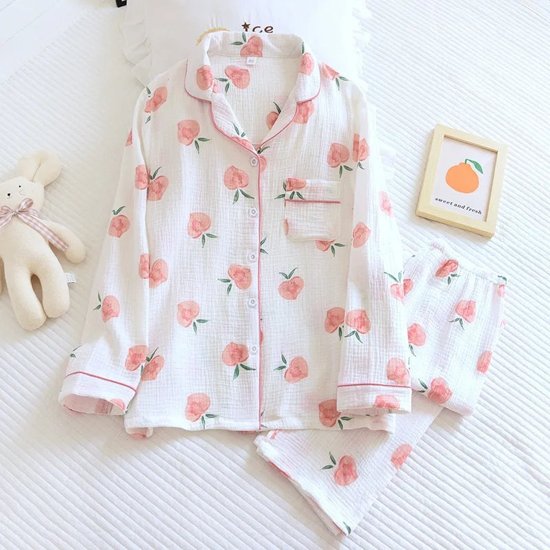 2025 Women's Polka Dot Pajama Set | 100% Cotton Gauze Two-Piece Spring Sleepwear & Loungewear