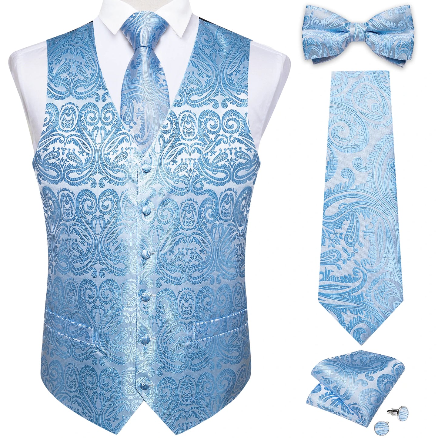 Men's Black Paisley Suit Vest with Necktie & Accessories – Formal Waistcoat for Wedding & Prom