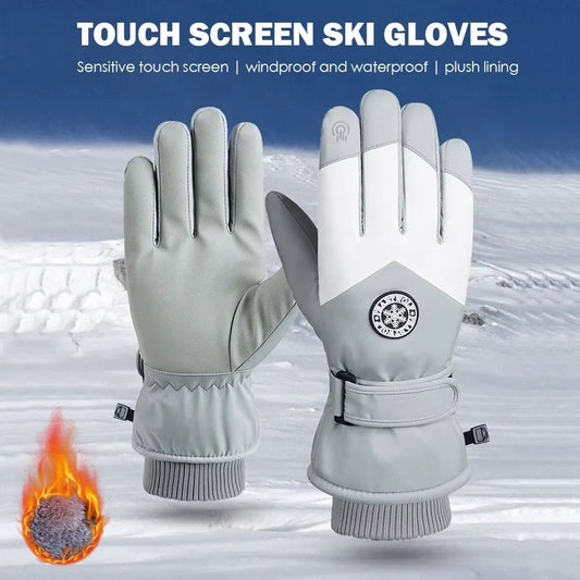 Unisex Winter Ski Gloves – Waterproof PU Leather Non-Slip Touchscreen Snowboard & Motorcycle Cycling Fleece Warm Gloves