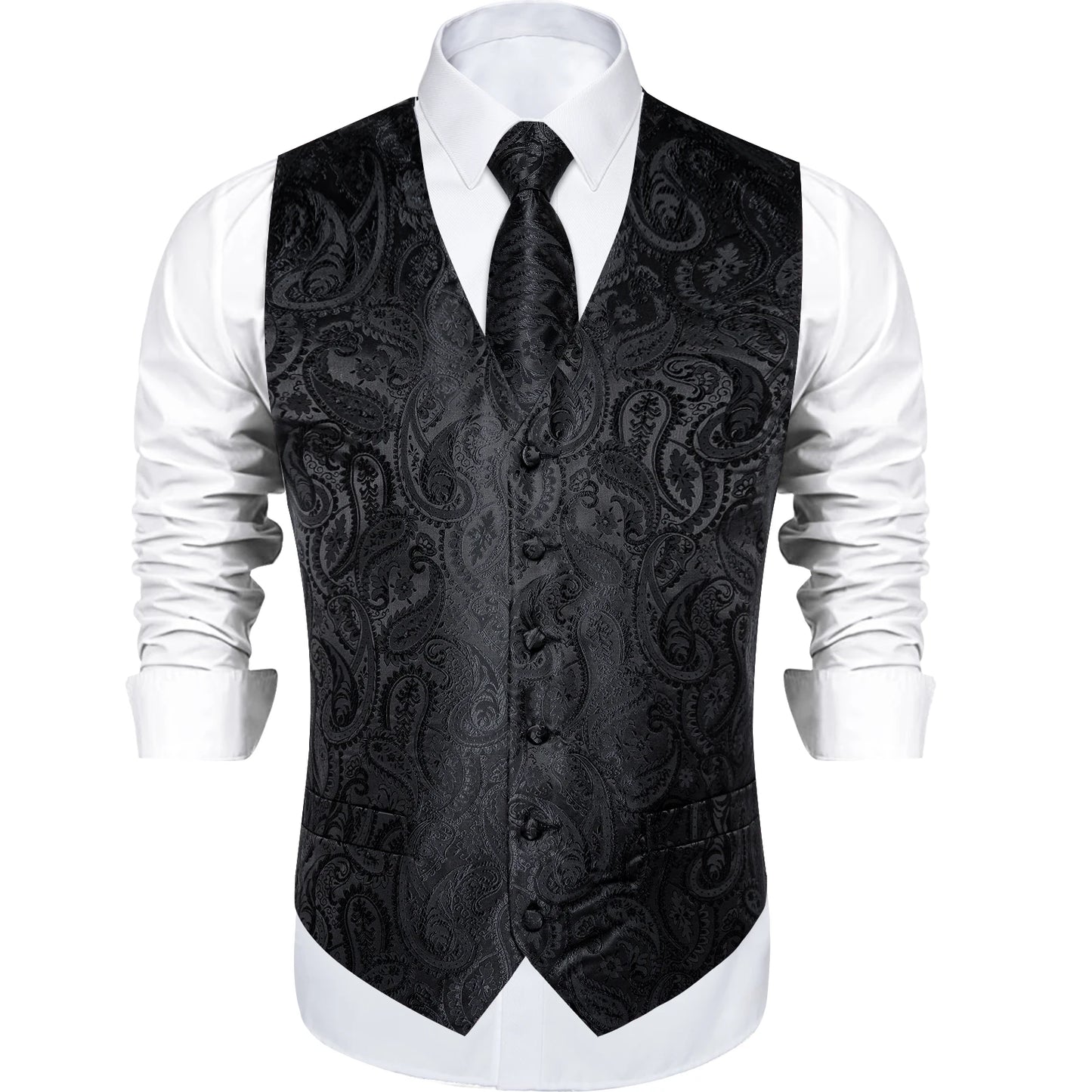 Men's Black Paisley Suit Vest with Necktie & Accessories – Formal Waistcoat for Wedding & Prom