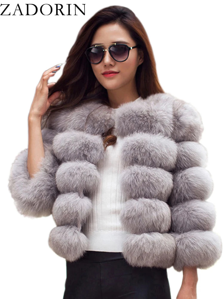 ZADORIN S-6XL Women's Mink Faux Fur Coat Winter Elegant Fluffy Short Jacket Black & White