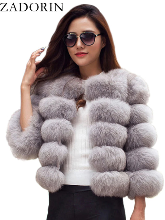 ZADORIN S-6XL Women's Mink Faux Fur Coat Winter Elegant Fluffy Short Jacket Black & White