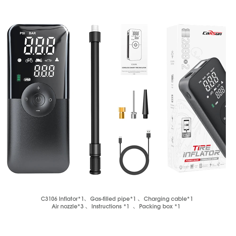 منفاخ إطارات محمول من كارسون - ضاغط هواء كهربائي قابل لإعادة الشحن للسيارات والدراجات وكرة القدم والكرات
