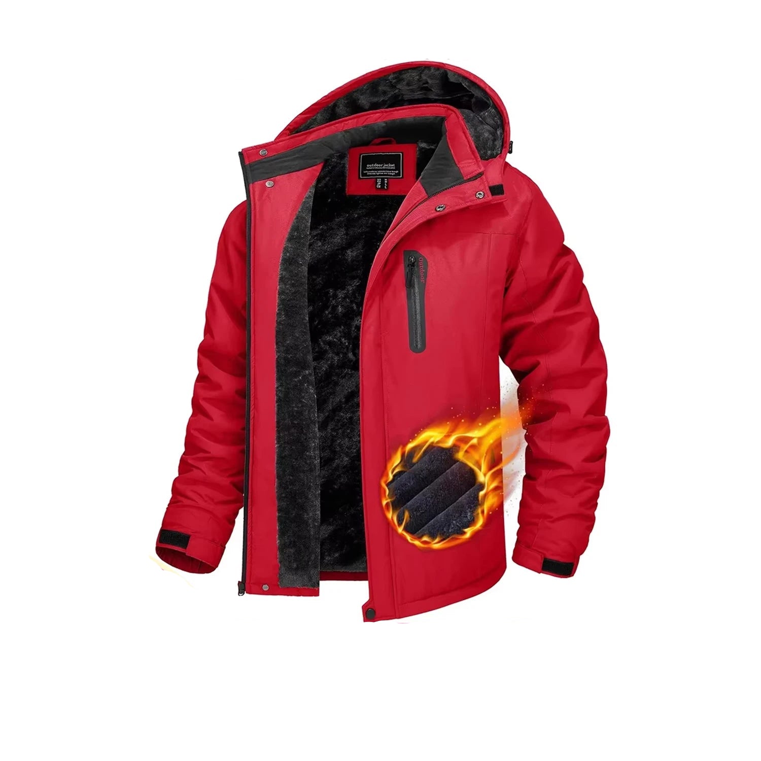 Red jacket with black interior and flame design on a promotional background for Tacvasen Black Friday sale.