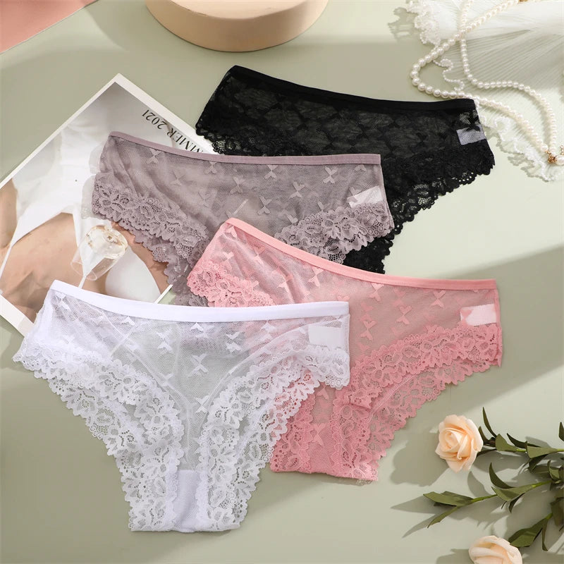 FINETOO 5PCS Women's Lace Hollow Out Panties Sexy Floral Solid Color Underwear Lingerie S-XL