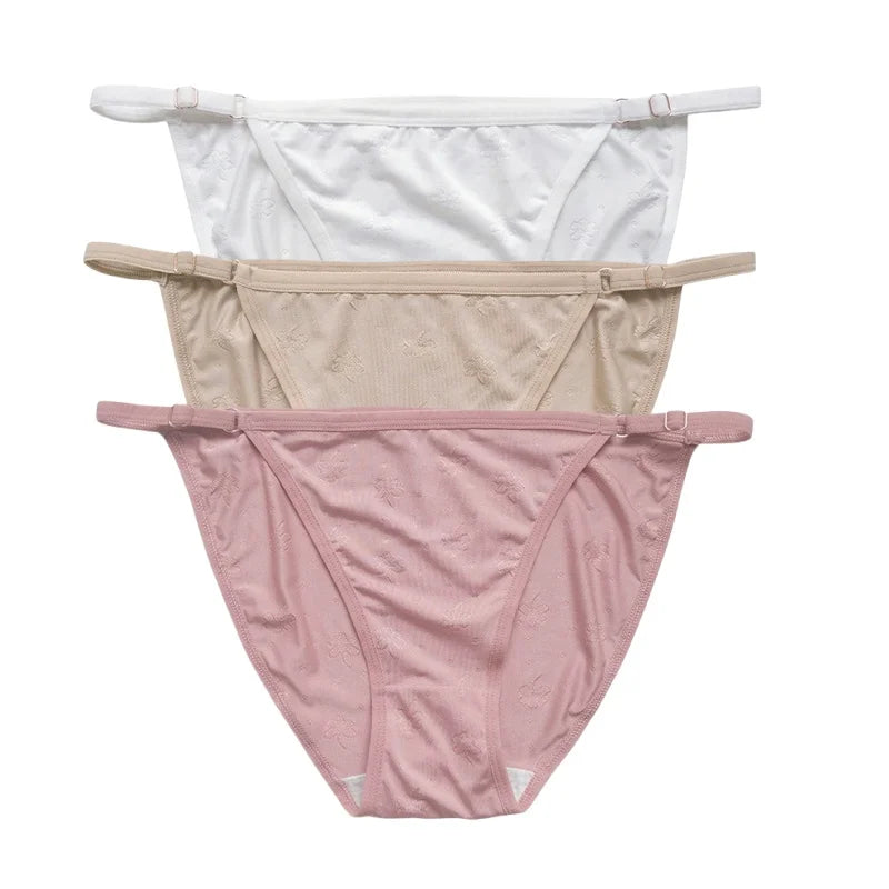 3PCS Set Women's Ice Silk Low Rise Brazilian Panties Solid Color Sexy Underwear S-XL