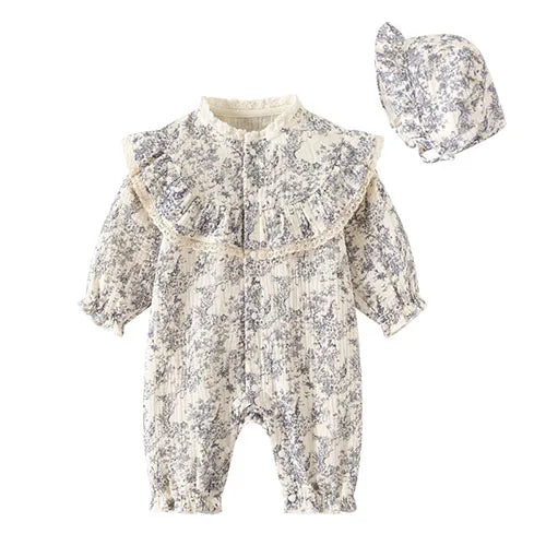 Baby Girl Romper Set Long Sleeve Cotton Korean Style Outfit with Hat 0-24M