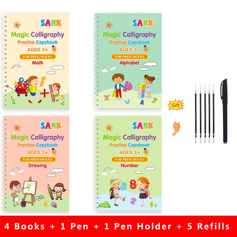 Sank Magic Practice Copybook – Reusable Kids’ English Calligraphy Writing Book with Free Wipe-Clean Pen