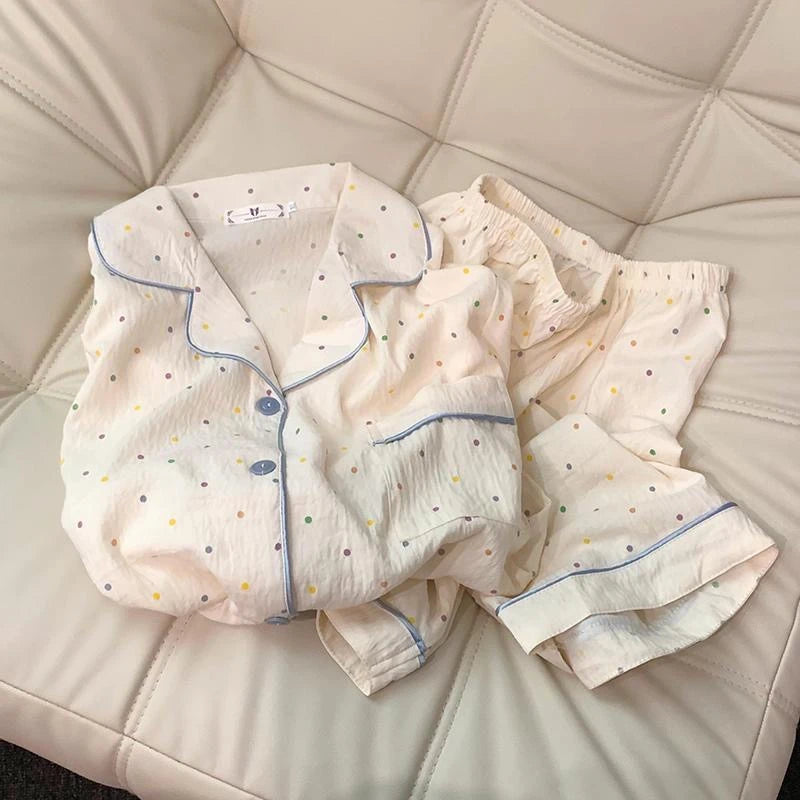 Polka Dot Women's Pajama Set | Cotton Sleepwear Top & Shorts | Casual Comfortable 2-Piece Home Outfit