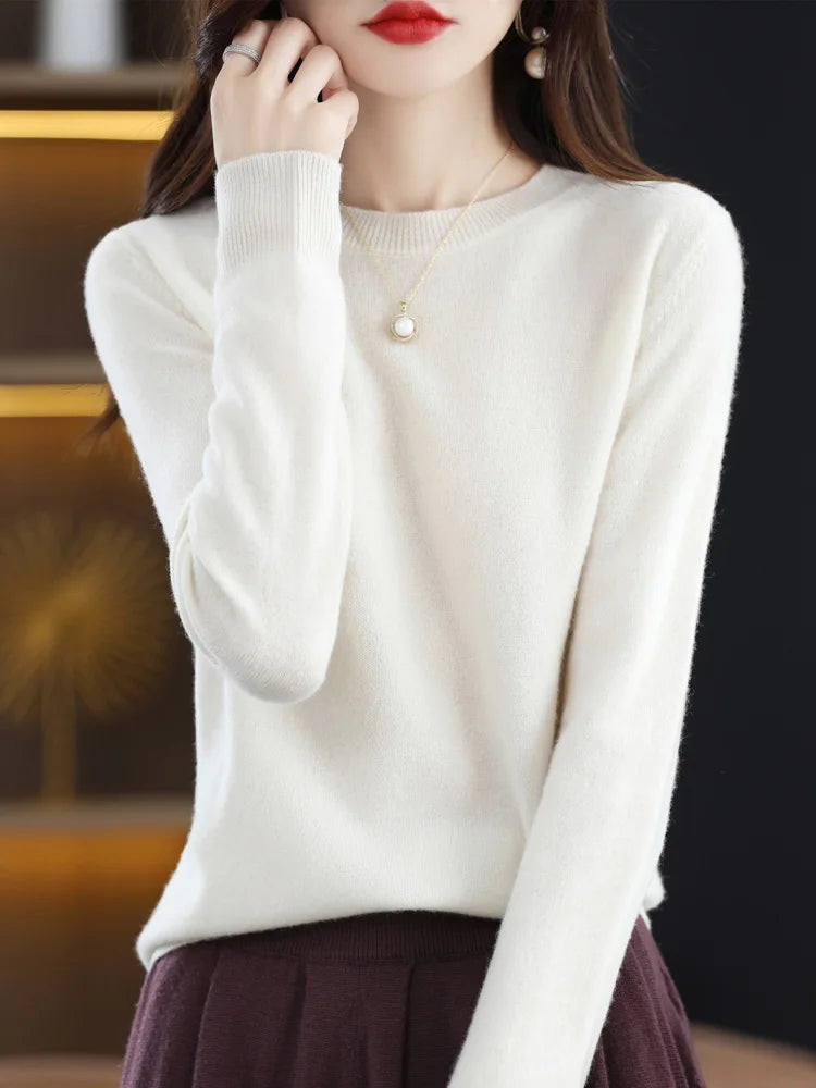 Fashion 100% Merino Wool Cashmere O-Neck Sweater Women Long Sleeve Knitwear