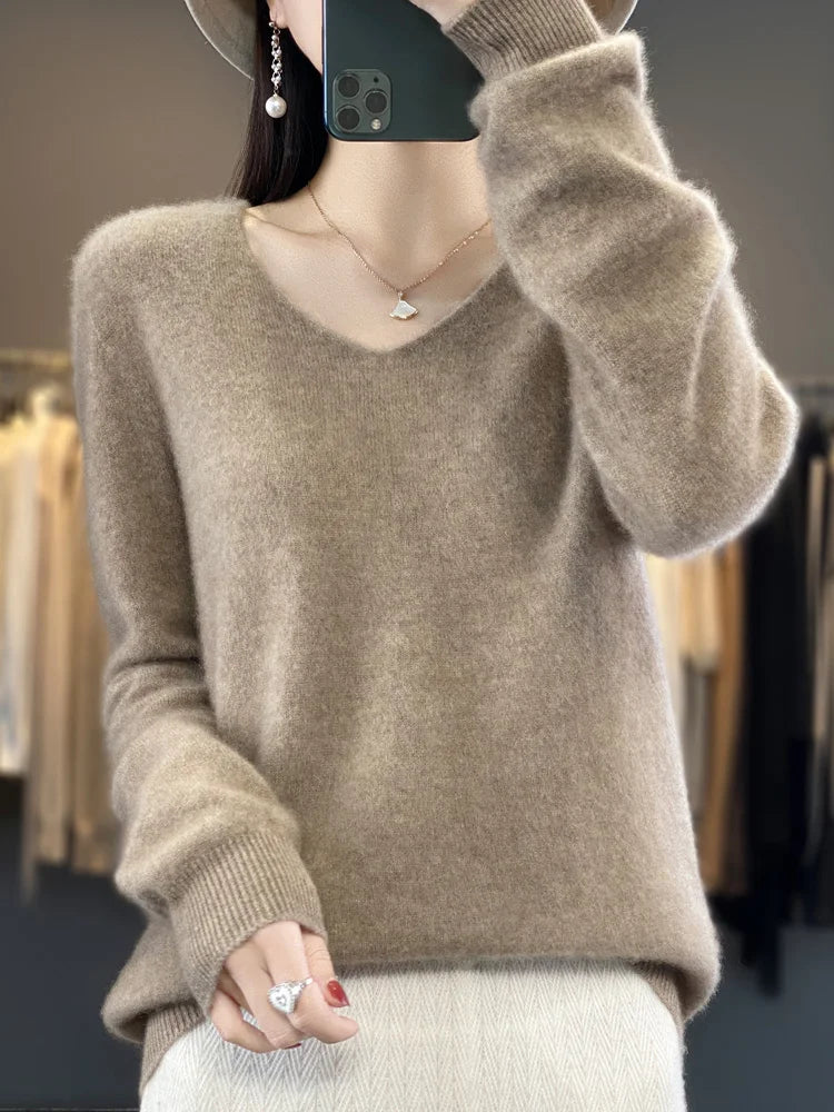 Fashion 100% Merino Wool Cashmere V-Neck Sweater Women Long Sleeve Autumn Winter Knitwear