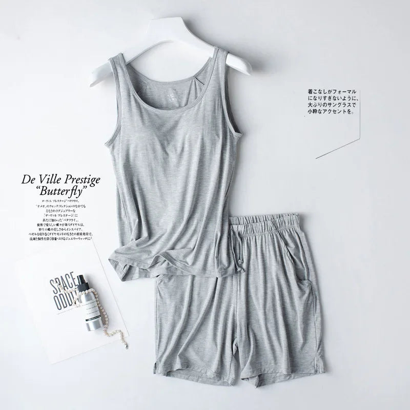 Summer Women's Modal Pajama Set | Two Piece Camisole with Chest Pad & Shorts | Seamless Lingerie Homewear Sleepwear