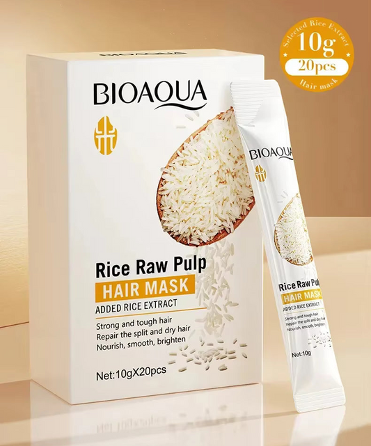 Bioaqua Rice Raw Pulp hair mask packaging with rice extract text on a beige background