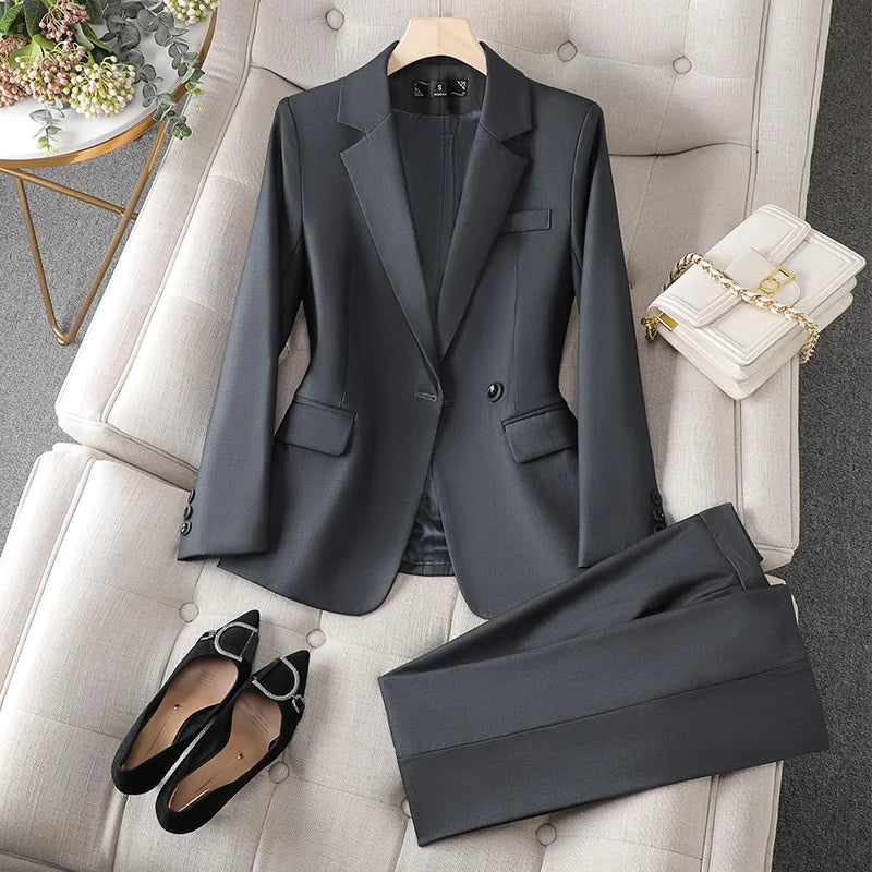NAVIU Gray Women’s Slim Blazer & Pants Set – Autumn Professional Office Suit