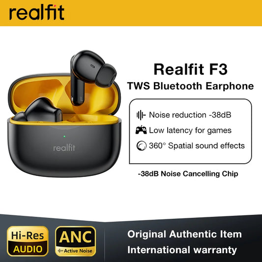 سماعات Realfit F3 ANC بتقنية بلوتوث | إلغاء ضوضاء فعال، مكالمات ENC، ستيريو عالي الدقة وصوت جهير
