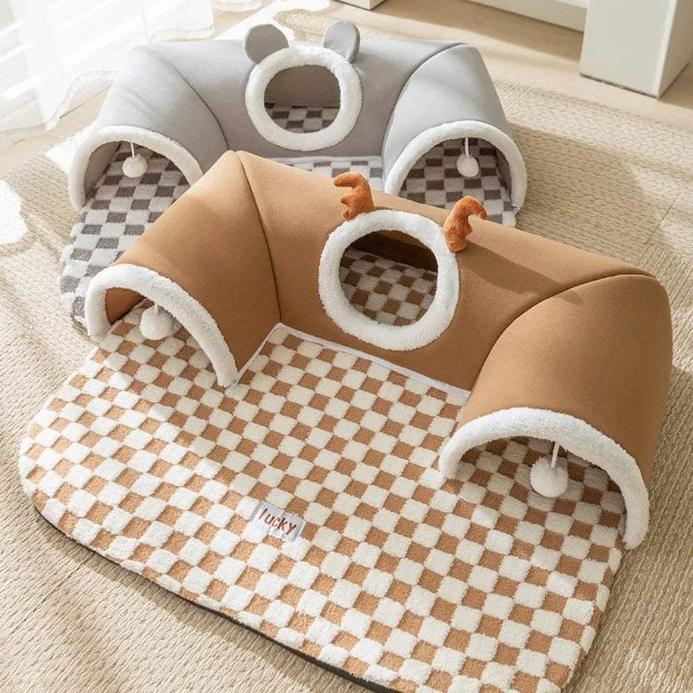 Plush Cat Tunnel Bed – Warm Tube-Shaped Pet Hideaway with Peekaboo Toy for Cats