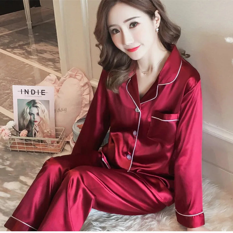 2025 Women's Silk Pajama Set | Long Sleeve Cardigan Ice Silk Sleepwear Home Clothing