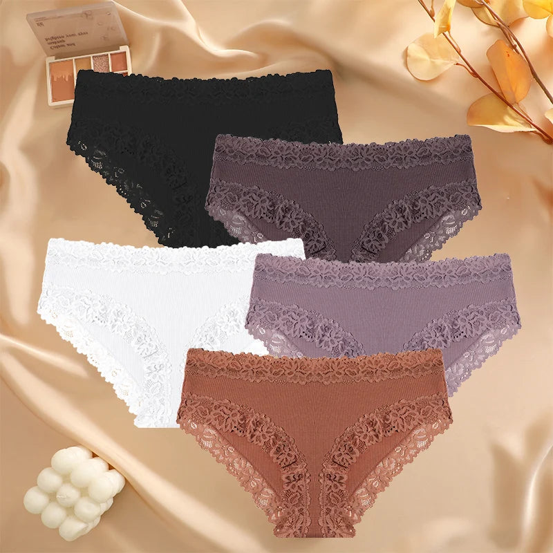 5PCS Set Women's Sexy Lace Cotton Low Rise Floral Panties Seamless Soft Breathable Underwear S-XL