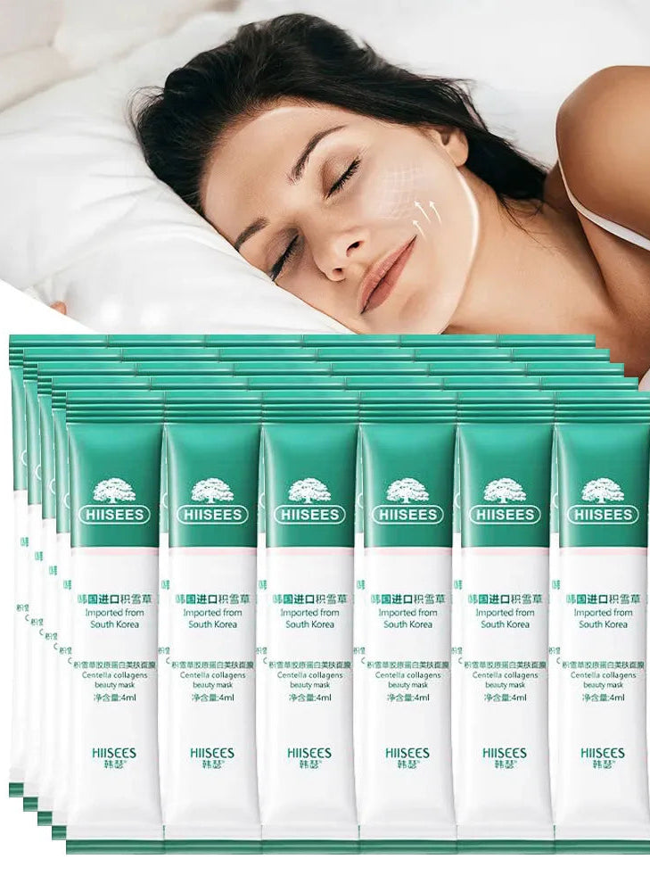 Woman sleeping with a stack of Hisees skincare products in the foreground