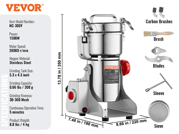 Electric Grain Mill Grinder 150-2500g Commercial Spice Herb Crusher