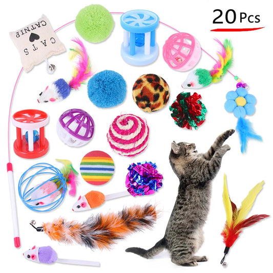 Dual Pet Cat Toy Set – 20PCS Kitten Toys Variety Pack with Cat Stick, Bell Balls, Sisal Mice & Interactive Cat Supplies