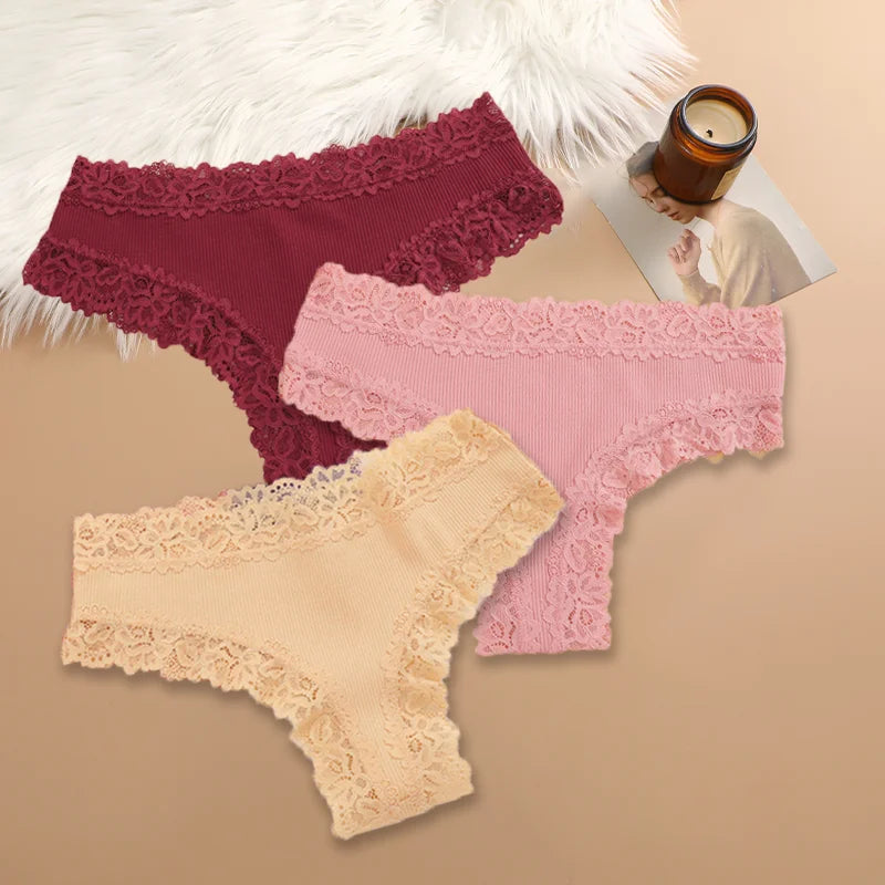 3PCS Women's Cotton Lace Brazilian Panties Soft Sexy Underwear Lingerie S-XL