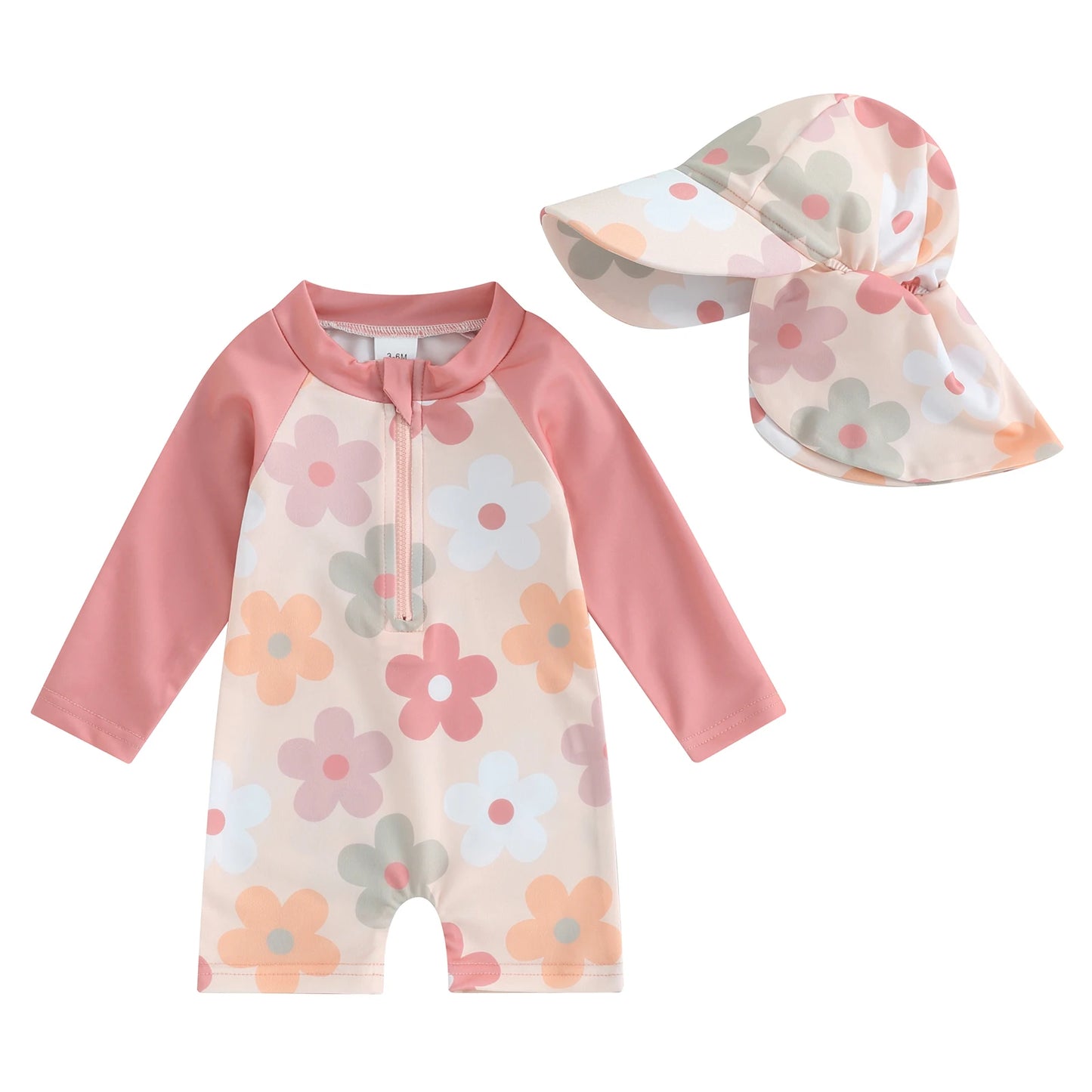 Kids Long Sleeve Swimsuit Set Floral Tropical Print Zip Up with Hat Summer Beachwear