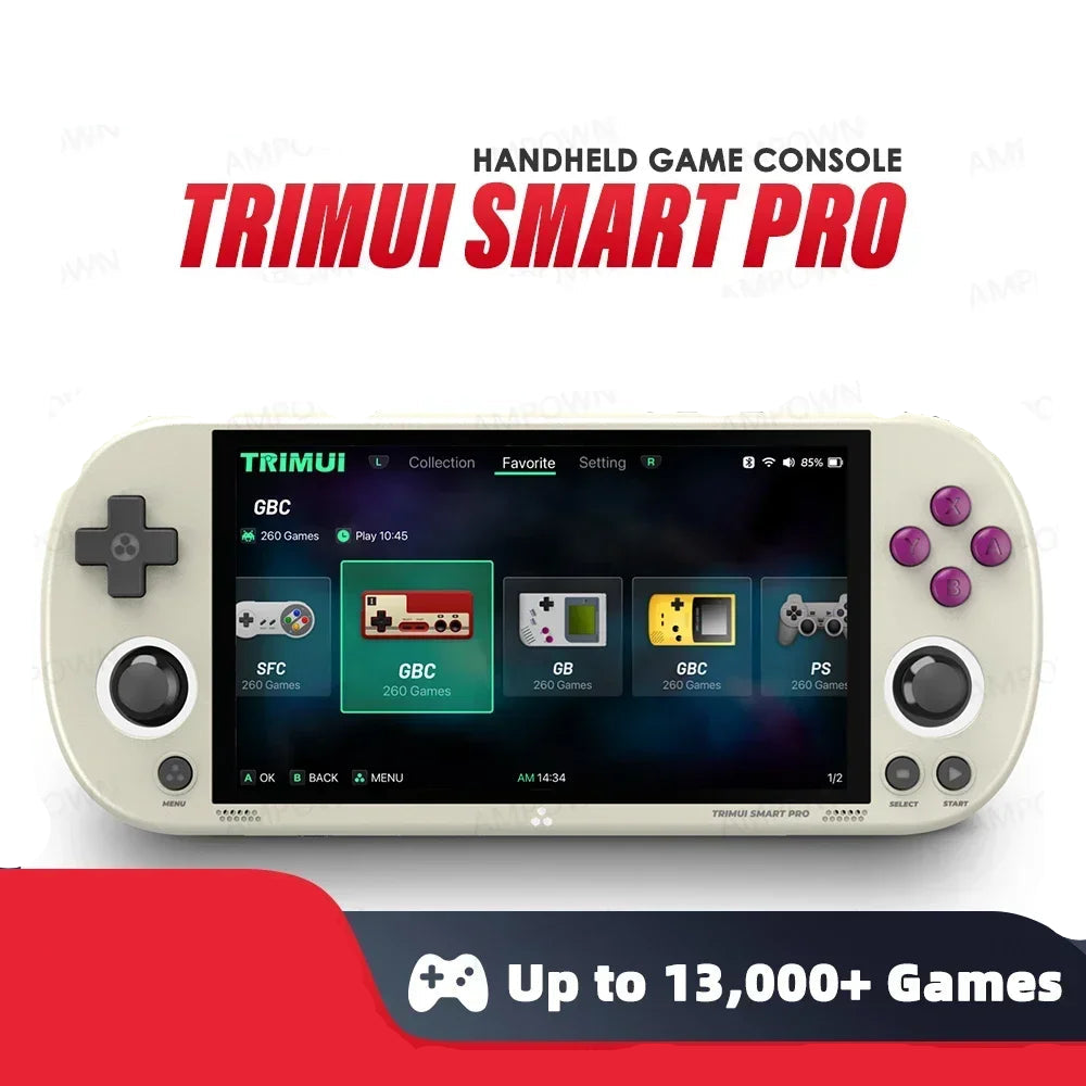 Handheld game console Trimui Smart Pro with promotional text and graphics on a white background