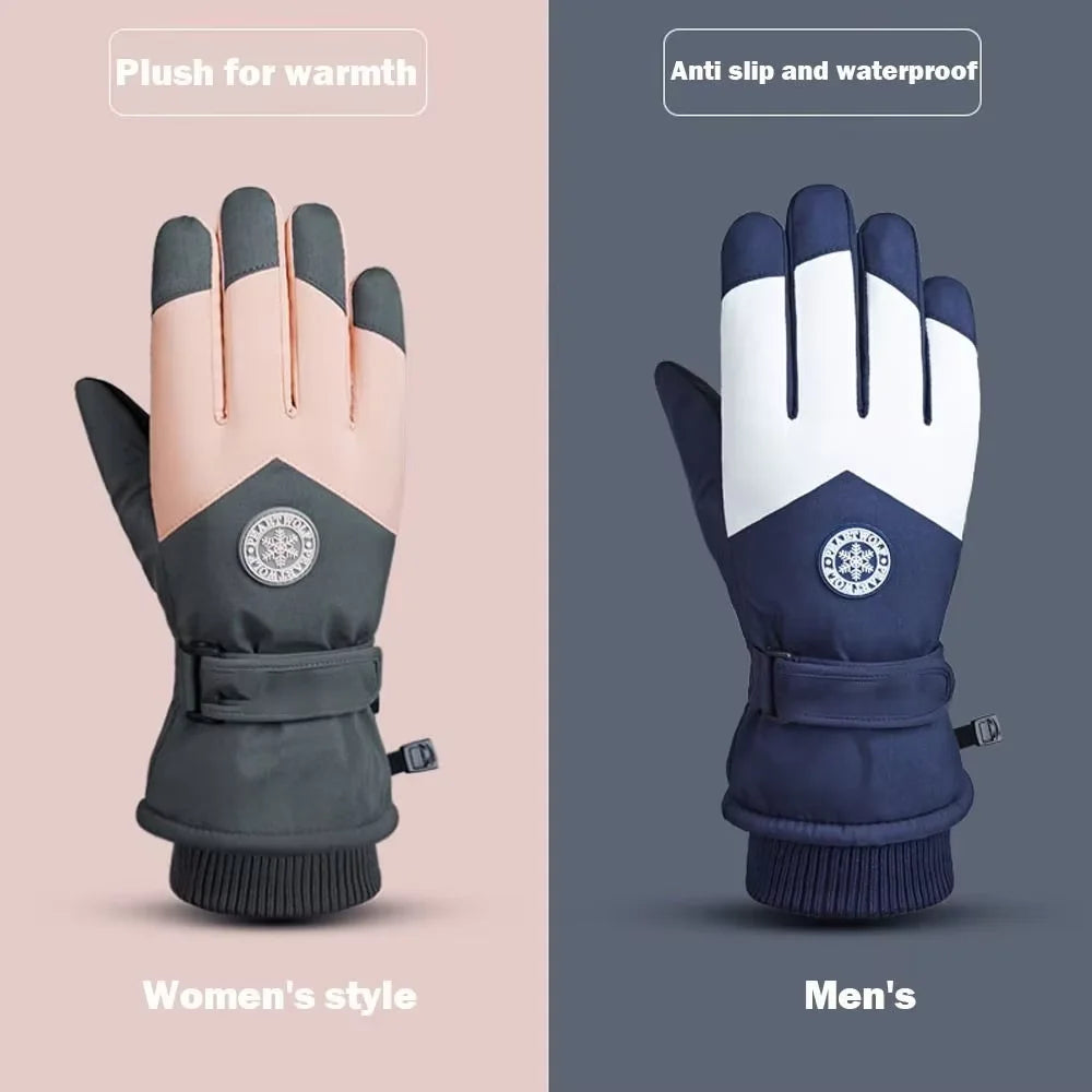 Unisex Winter Ski Gloves – Waterproof PU Leather Non-Slip Touchscreen Snowboard & Motorcycle Cycling Fleece Warm Gloves