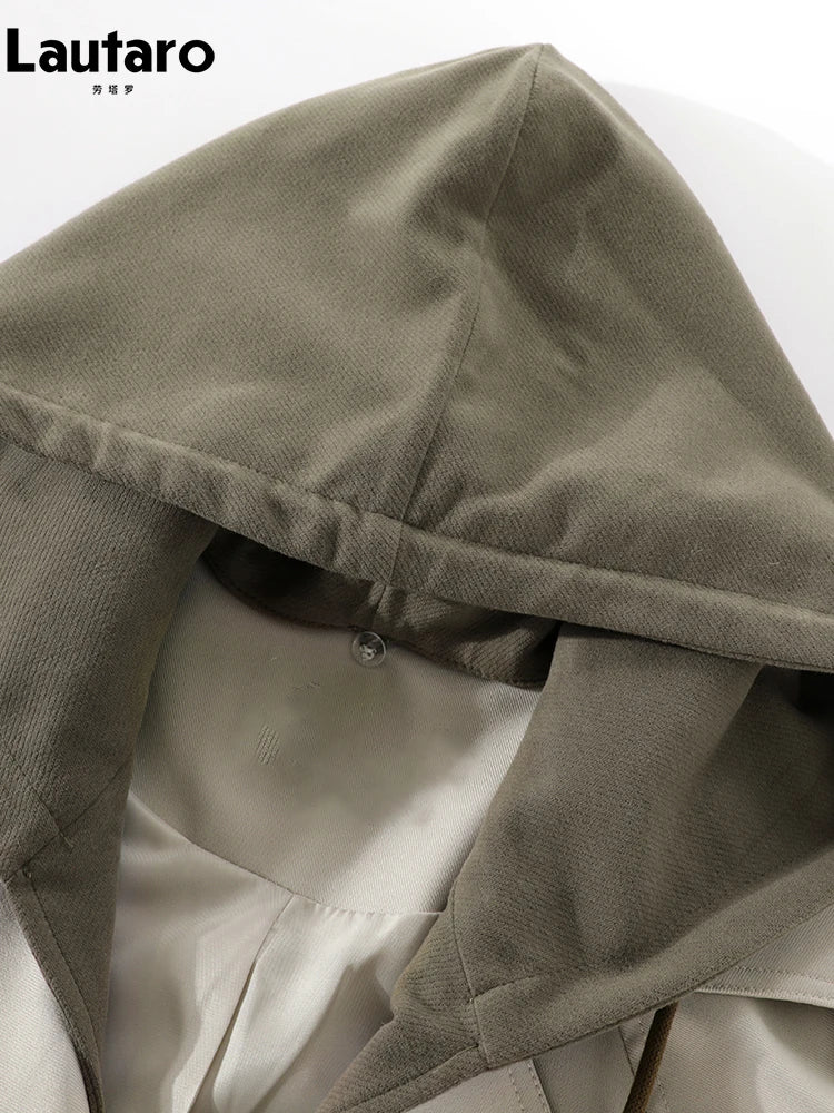 Lautaro Spring Autumn Flowy Casual Trench Coat for Women Belted Double-Breasted Loose Luxury Designer Fake 2-Piece Coat