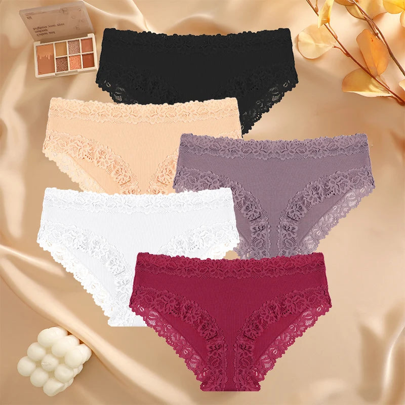 5PCS Set Women's Sexy Lace Cotton Low Rise Floral Panties Seamless Soft Breathable Underwear S-XL