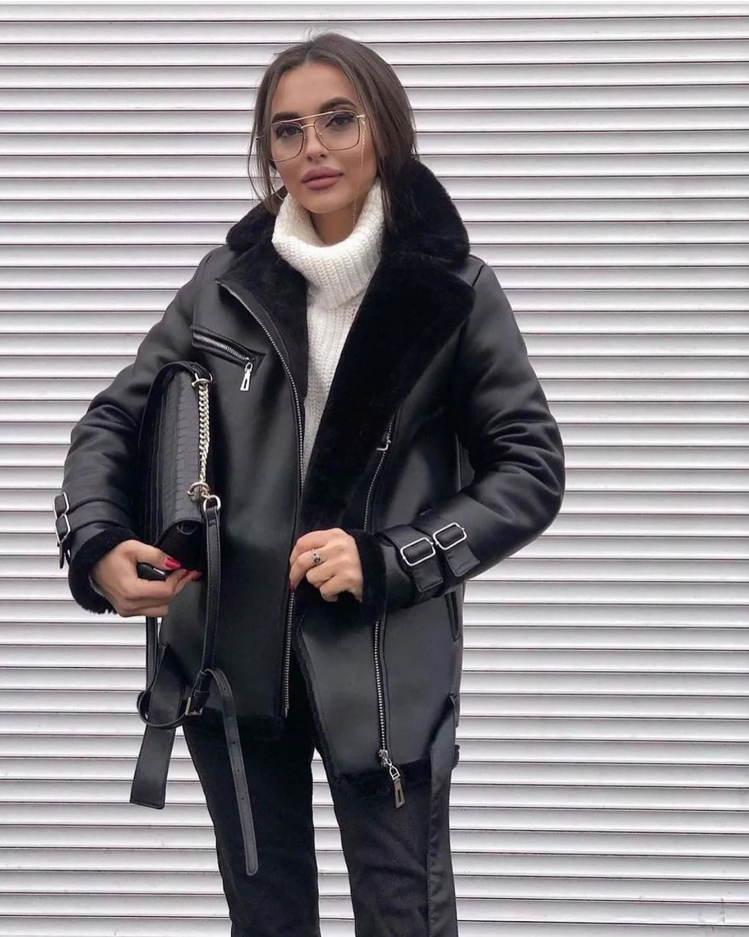 New Women's Extra Thick Warm Lamb Feather Rider Jacket with Faux Fur