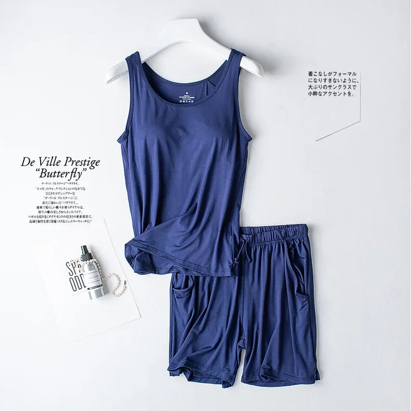 Summer Women's Modal Pajama Set | Two Piece Camisole with Chest Pad & Shorts | Seamless Lingerie Homewear Sleepwear