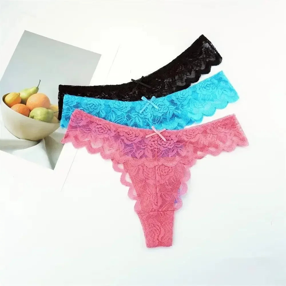 3PCS Ladies Sexy Low Waist Lace Thongs – Transparent G-String Panties, Soft Comfortable Underwear